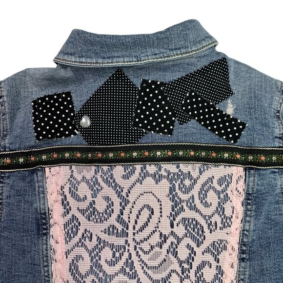 Wonder Nation Denim Jacket Pink Black Lace Polka Dot Pearl Heart Trucker XXL - Picture 8 of 13